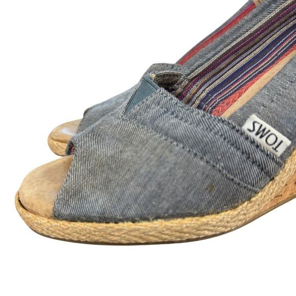Toms Cork Espadrille Wedge Blue Denim Peep Toe Slip On Shoes Womens sz 7.5 - Picture 8 of 16
